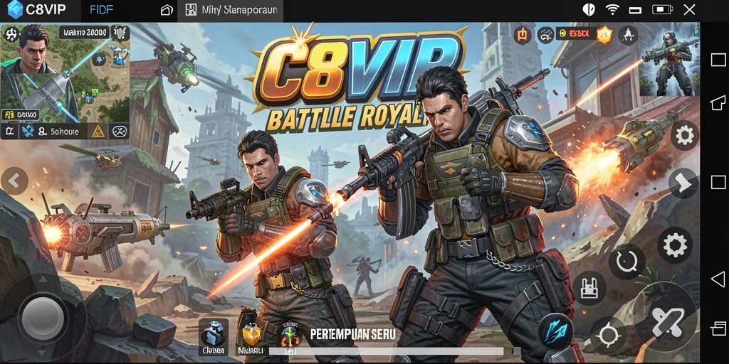 Screenshot utama C8VIP menampilkan aksi pertempuran intens dalam game Battle Royale.