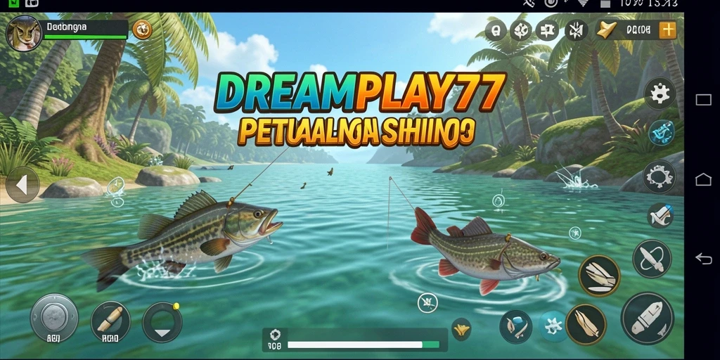 Screenshot gameplay DREAMPLAY77 menampilkan aksi seru saat memancing ikan.