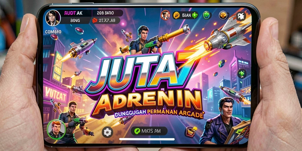 Screenshot utama JUTA7 menampilkan aksi cepat di game Arcade.
