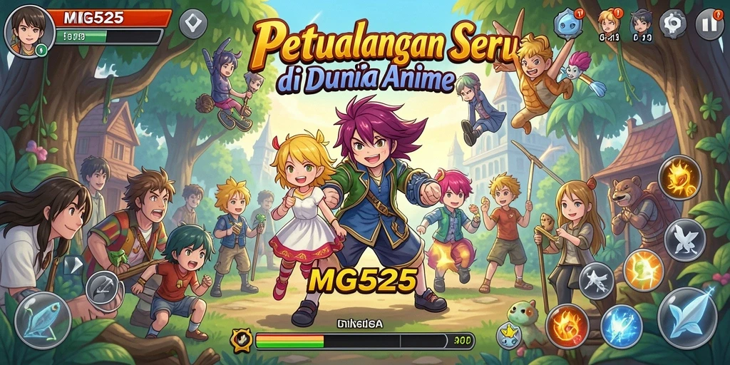 Screenshot utama MG525 menampilkan karakter anime dalam aksi.