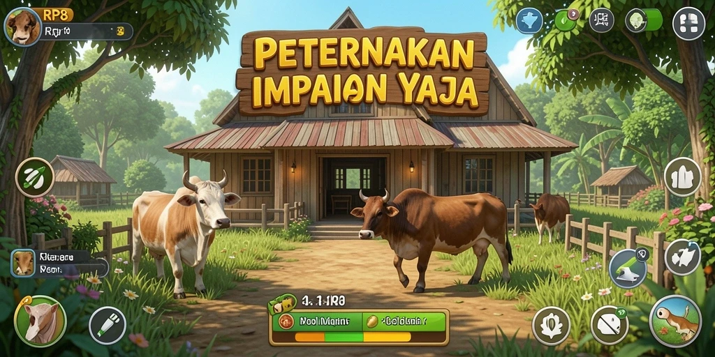 Screenshot gameplay RP8 dengan suasana peternakan yang cerah dan menyenangkan.