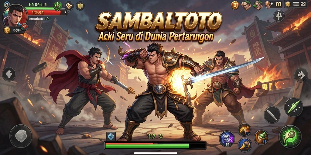 Screenshot menunjukkan karakter bertarung dalam pertempuran sengit di dunia SAMBALTOTO.