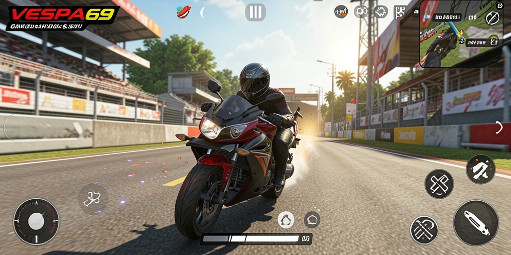 Tampilan gameplay seru di VESPA69 dengan aksi balapan sepeda motor.
