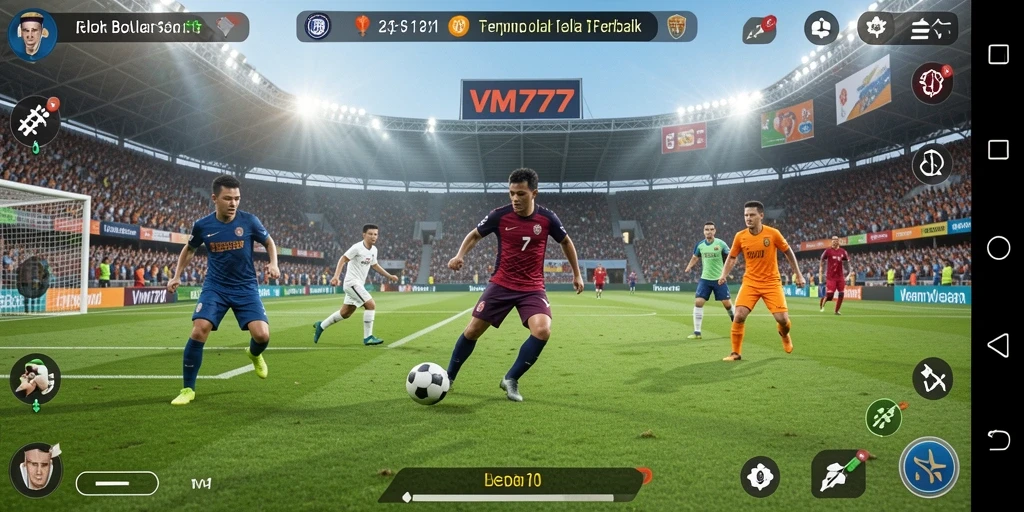 Screenshot permainan VM777 menampilkan aksi sepak bola yang mendebarkan.